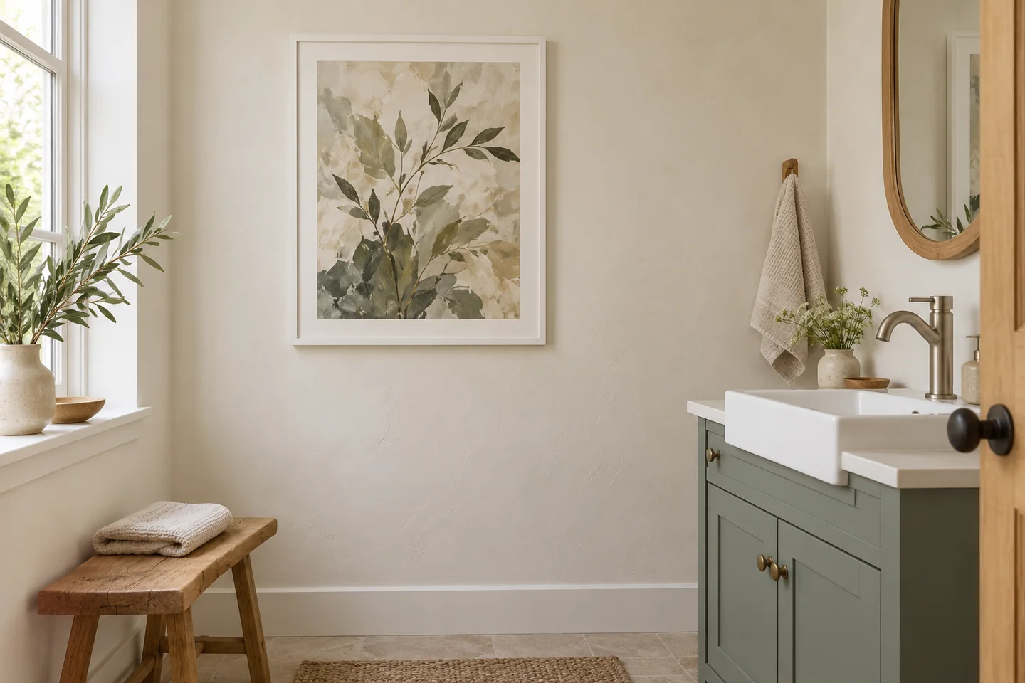 AI-generated Warm minimal bathroom style concept; not an actual installation
