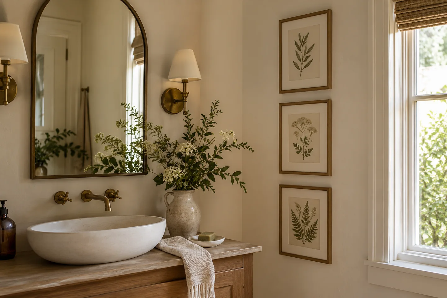 AI-generated Soft vintage bathroom style concept; not an actual installation